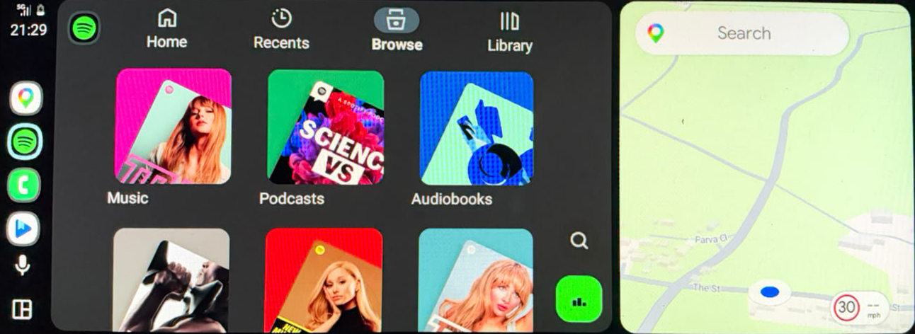 Wireless Android Auto on a BMW NBT EVO screen — Spotify and Google Maps side by side