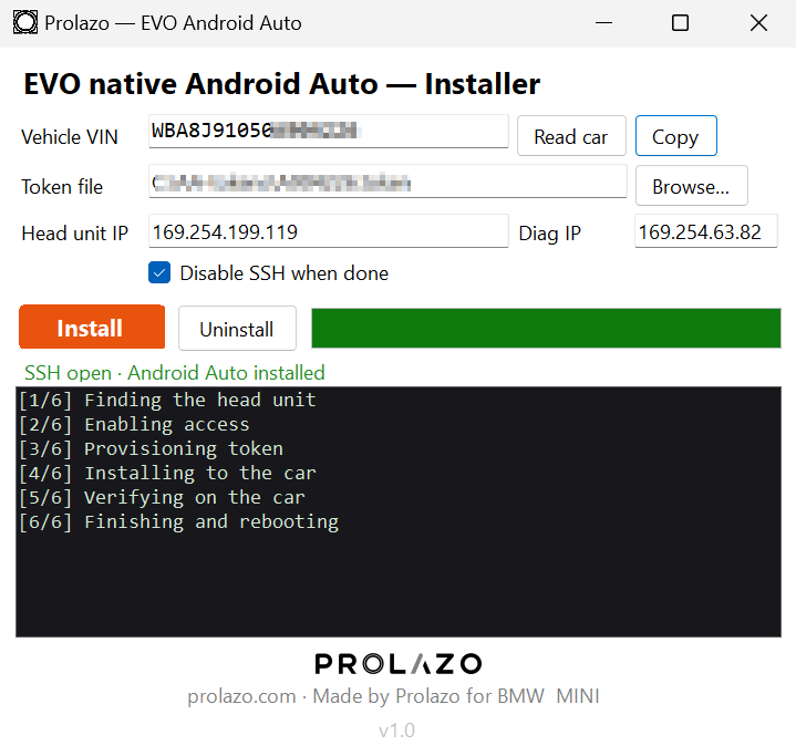The Prolazo installer activating native Android Auto on a BMW head unit remotely